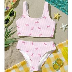 Shein Cute Pink Striped Bow Print Tween Girls Camisole Set - Pink