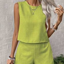 Shein Summer Solid Color Round Neck Sleeveless Top Shorts - 2pcs