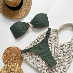 Shein Women Summer Solid Color Strapless Metal Bikini Set