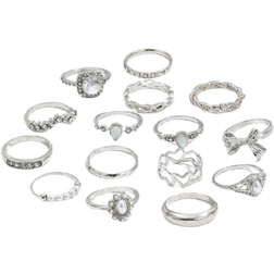 Shein 15pcs/Set European & American Ins Style Imitation Gemstone, Pearl Flower, Geometric Rhinestone, Bow Design Rings Set For Women