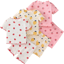 Shein 6pcs Baby Girl Cute Strawberry Pattern Ruffle Trim Round Neck Short Sleeve Top And Shorts Knit Soft Comfortable Summer Pajama Set