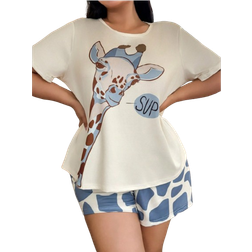 Shein Plus Size Giraffe Print Casual Short Sleeve Top And Shorts Set