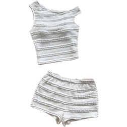 Shein Soleia Women's 2 Pieces Vacation Set: Red & White Striped Knit Bardot Top And Super Low-Rise Bodycon Shorts, For Party, Christmas, Valentine's Day, Date, Beach, Cruise, Carnival, Easter