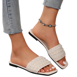 Shein Spring Summer Eid New White Square Toe Flat Sandals To Match Dress Fashionable Fully Crystal Slip-On Slippers