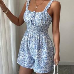 Shein Damen Sommer Blau Weiß Blumen Muster Rücken Geraffte Taille Schlank - Blau Weiß