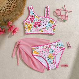 Shein Young Girls Three Pieces Swimwear Set Tropical Floral Print Bikini - Multicolor