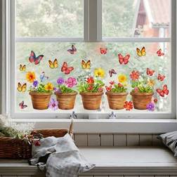Shein Colorful Plants And Flowers Butterfly Wall Stickers Window Film