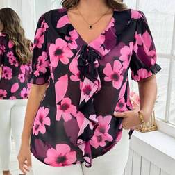 Shein Plus Size Summer Floral Print Tie Front Ruffle Hem Blouse - Rose Red