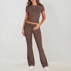 Shein Athleisure Solid Color Fitted Short Sleeve Top Flared Pants - 2pcs