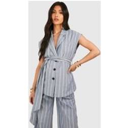 boohoo Womens Maternity Stripe Sleeveless Belted Blazer Blue