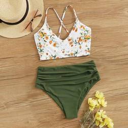 Shein Summer Beach Floral Print Ruched Bikini Set