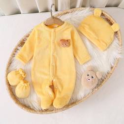 Shein Newborn Baby Long Sleeve Jumpsuit With Hat Gloves Set - Color