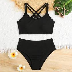 Shein Teen Girls Solid Criss-Cross Back Casual Bikini Set
