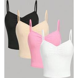 Shein Teen Girls Knitted Solid Color Ribbed Ruffle Hem Tank Tops Four-Piece Set