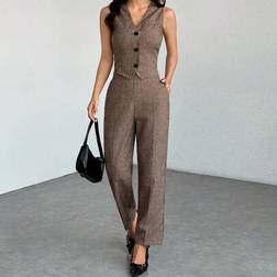 Shein Casual Sleeveless Open Front Vest And Relaxed Pants Set