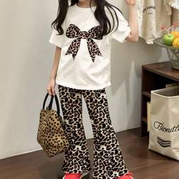 Shein Vintage Americana Leopard Bow Pattern Neck Short Sleeve Top Flare Pants - Spring And Summe