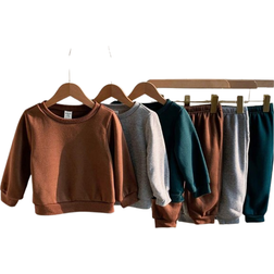 Shein 6pcs Pack Baby Boy/Girl Khaki Green Gray Solid Color Versatile Long Sleeve Hoodie & Elastic Waist Long Pants All-Match Outfits, Suitable For Autumn/Winter Outdoor & Sports
