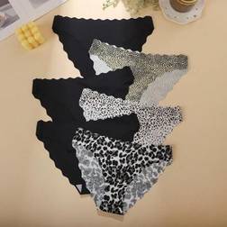 Shein Leopard Print Seamless Panty Set With Wavy Trim - Black