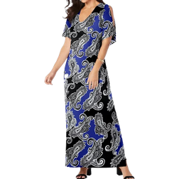 Jessica London Women's Stretch Knit Cold Shoulder Maxi Dress Plus Size - Blue Patched Paisley