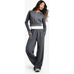 boohoo Waffle Insert Shrunken Zip Through Hoodie Straight Leg Jogger Set - Grey