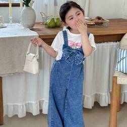 Shein Young Girls Three-Dimensional Bow Blue Denim Loose Jumpsuit - Blue
