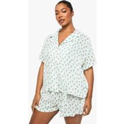 boohoo Plus Palm Tree Print Seersucker Shirt Pyjama Short Set - Beige