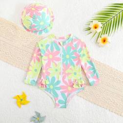 Shein Baby Girls Beachwear Set Floral Print Knit Fabric Long Sleeve - Shorts