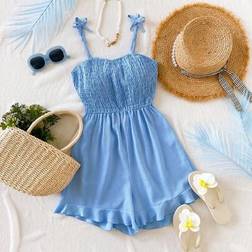 Shein Teen Girls Elegant Casual Vacation Jumpsuit Spaghetti Strap Fitted Solid Blue Woven Romper