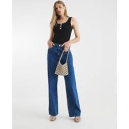 River Island Diamante Button Ribbed Tank Top - Black