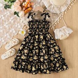 Shein Young Girl Floral Printed Suspender Dress Bowknot Ruffle Trim