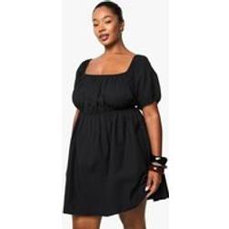boohoo Plus Linen Tie Back Puff Sleeve Smock Mini Dress - Black