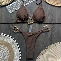 Shein Asymmetrical Metal Trim Solid Color Bikini Swimsuit