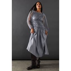 Warehouse Womens Midi Dress Shirred Chiffon Panel Long Sleeve