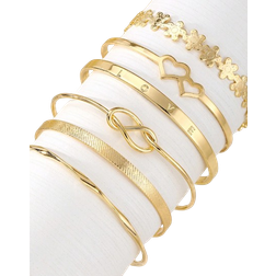 Shein 6pcs/Set Double Heart Love Letter Flower Open Bangle For Women, Daily Wear & Party Gift, Gold Color
