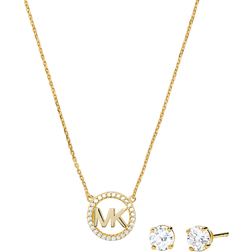 Michael Kors Logo Charm Necklace and Stud Earrings Set - Gold/Transparent