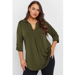 Yours Collared Pleat Front Swing Top - Khaki Green
