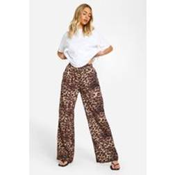boohoo Womens Leopard Wide Leg Tie Waist Trouser - Brown