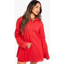 boohoo Womens Linen Oversized Beach Shirt - Red