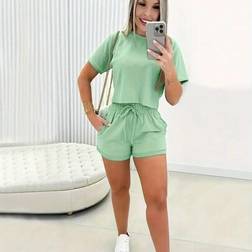 Shein Round Neck Short Sleeve Top Drawstring Pocket Set - Casual