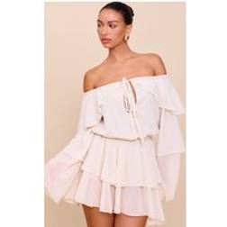 PrettyLittleThing Ruffle Detail Long Sleeve Playsuit - White