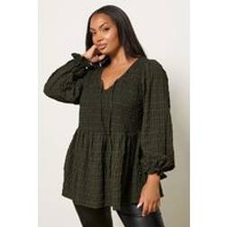 Yours Curve Khaki Green Check Peplum Top - Light Khaki