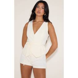 PrettyLittleThing Cream Woven Tie Waist Waistcoat Playsuit - White