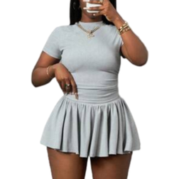 Shein Slaydiva New spring and summer casual basic style, sportswear style, simple round neck, short sleeves, folded short T-shirt on both sides + a swing stick half skirt, short on both sides, front and back, mid-length, light gray striped knit fabric women's two-piece suit