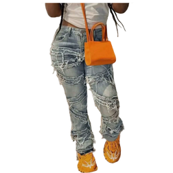 Shein Dollsgirl Women's Casual Jeans Y2K Streetwear 90s Slant Pockets High Stretchy Distressed Frayed Unique Tassel Hip Hop Denim Pants Vacation Festival