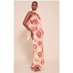 PrettyLittleThing Multi Floral Print Bandeau Scarf Detail Chiffon Maxi Dress