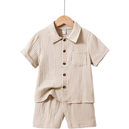Shein pcs Young Boy Casual Simple College Style Cotton Short Sleeve Shirt And Shorts Set Suitable For Daily Wear College Travel Playgrounds And SpringSummer
