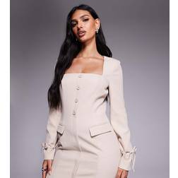 Kaiia Exclusive Square Neck Bow Cuff Detail Tailored Blazer Dress - Cream White