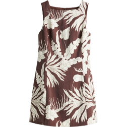 H&M Square Neck Twill Dress - Dark Brown/Floral