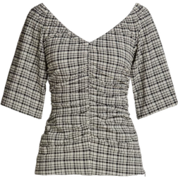 Ganni Ruched Checked Seersucker Top - Black