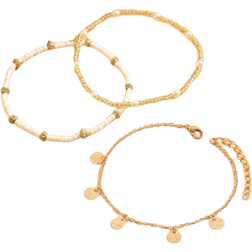 Shein 3pcs/set Simple Gold-tone Circular Pendant Tassel Beaded Anklet For Women, Suitable For Daily Wear And Vacation